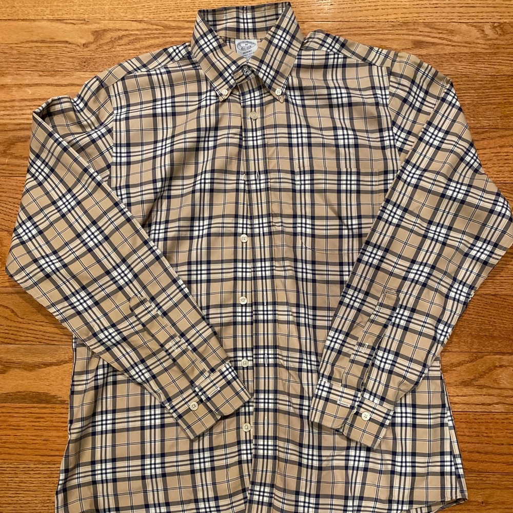 Brooks Brothers Button Down Tan & Black Long Sleeve Regent Fit Dress Shirt $92 M